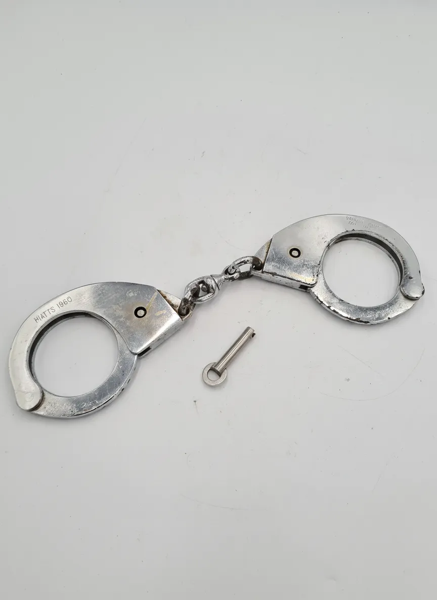 VINTAGE 1960 HIATT POLICE / PRISON SERVICE HANDCUFFS WITH KEY (WORKING)