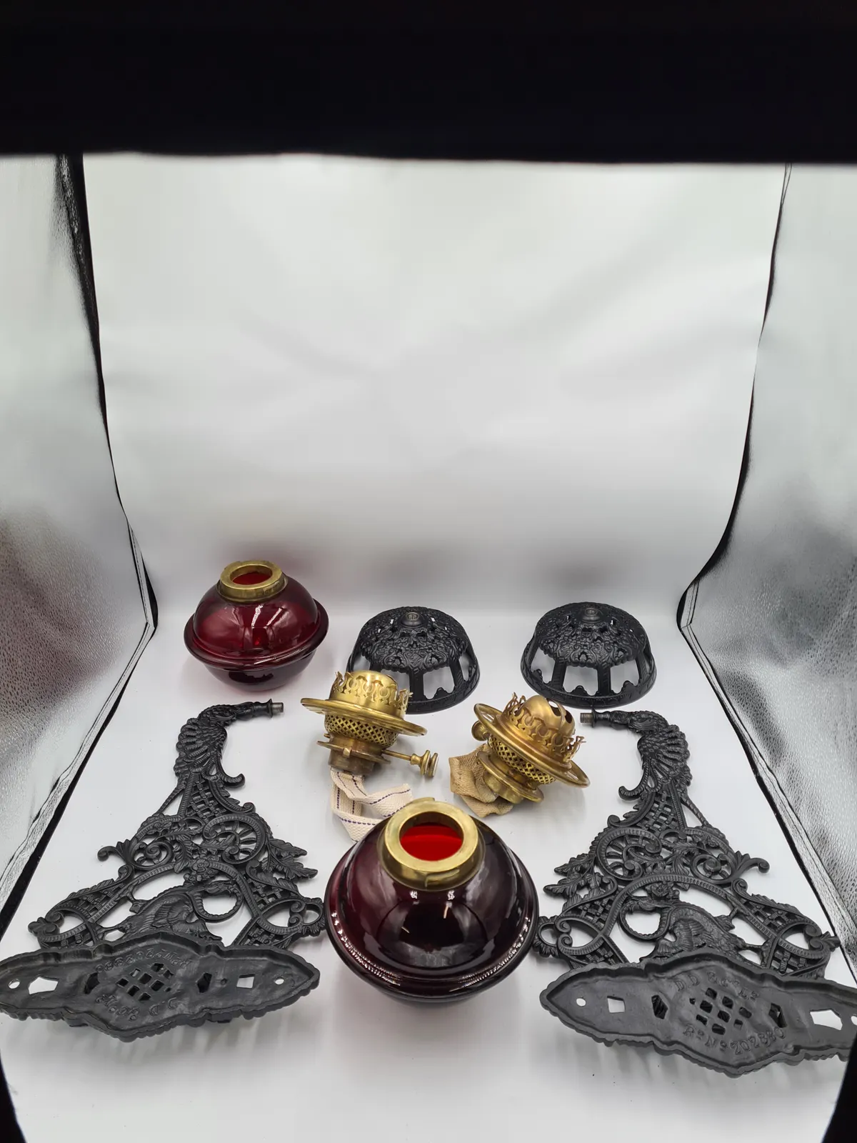 Original Pair Hinks Cast Iron Wall Mount Oil Lamps - Cranberry Glass