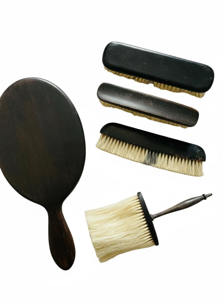 5-Piece Antique 1930s Ebony Barber Set w/ Mirror Horse Hair Used