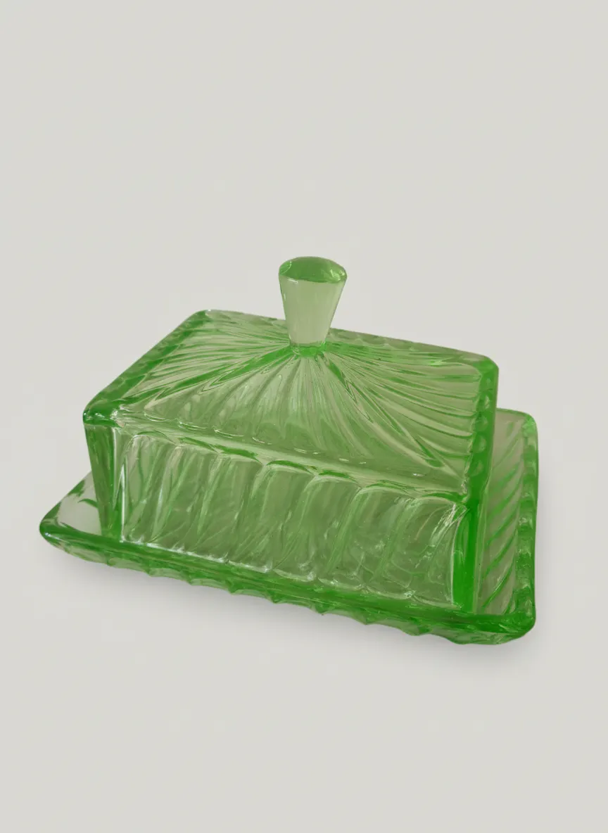 Vintage 1930s Bagley Carnival Green Uranium Glass Butter / Cheese Dish Glows UV