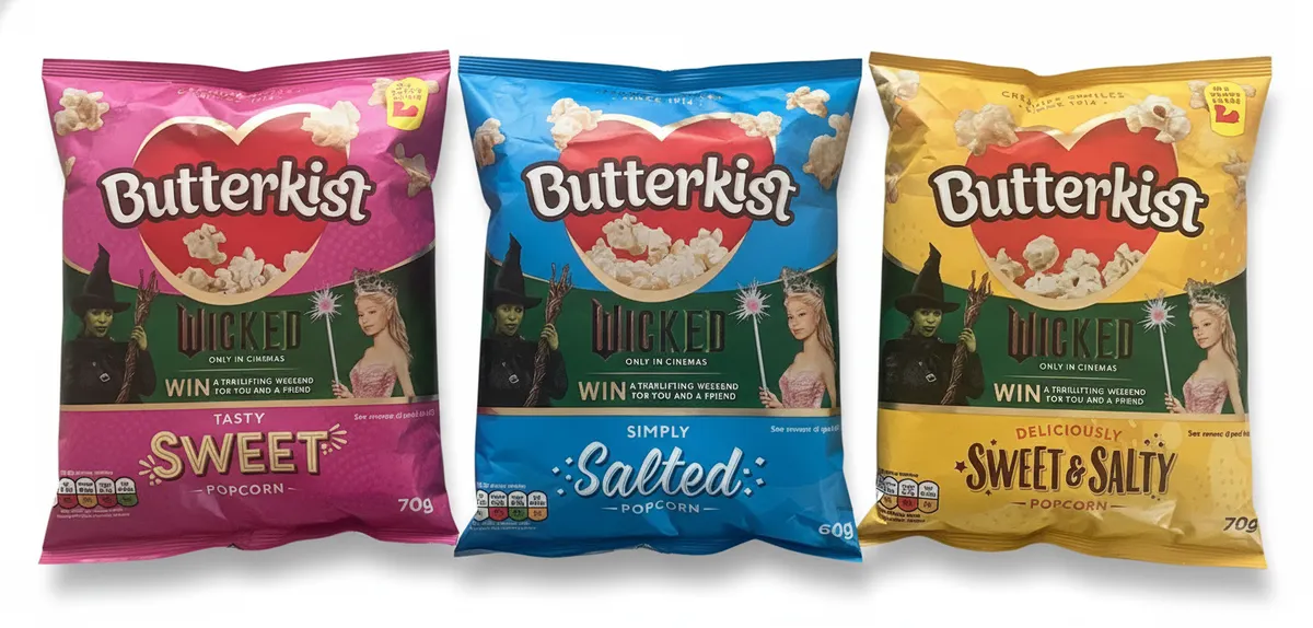 3x Butterkist Wicked Movie UK Popcorn Limited Edition Packs - Sealed