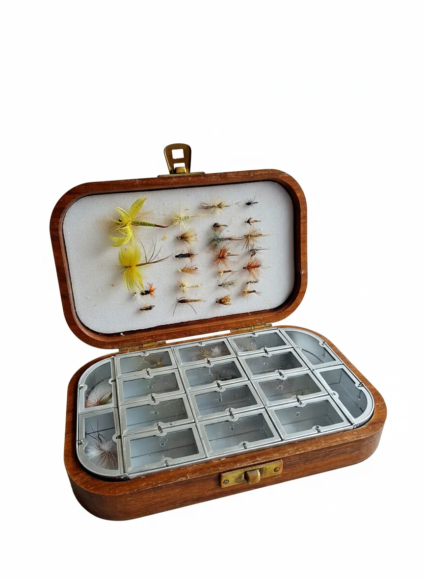 VINTAGE FARLOW'S 16-Compartment WOODEN DRY FLY FISHING TIN + FLIES