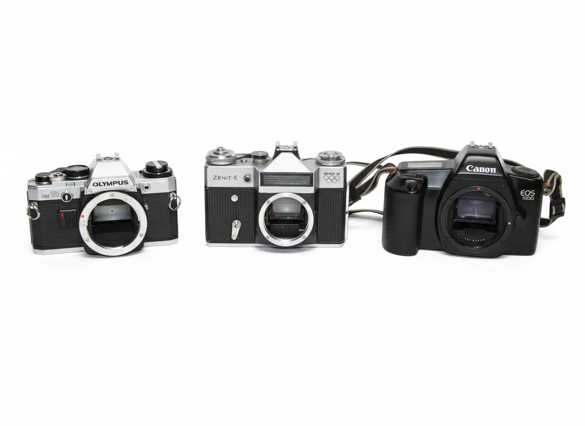 3x Olympus OM10, Zenit-E, Canon EOS 1000 35mm SLR Film Camera Lot
