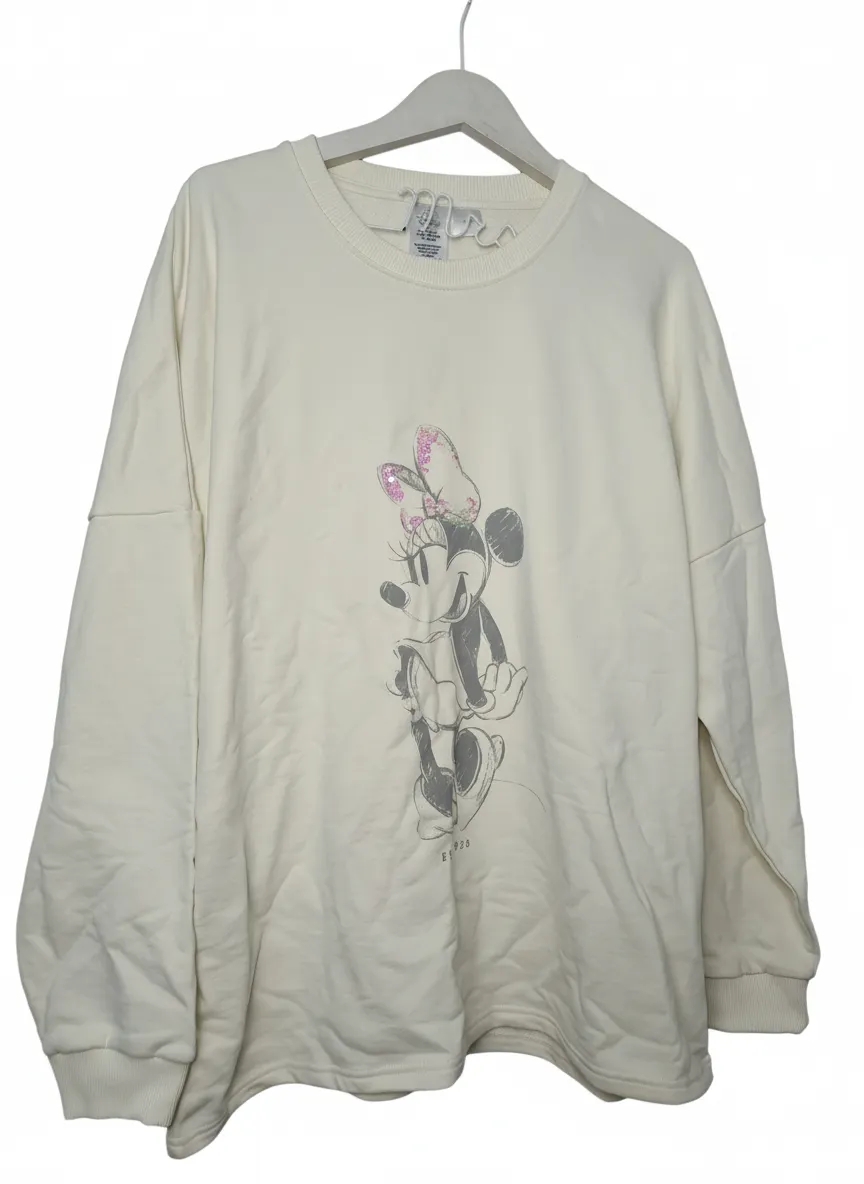 Disney Minnie Mouse Sequin Glitter Jumper Women's Large Cream Grey Sweatshirt NWT