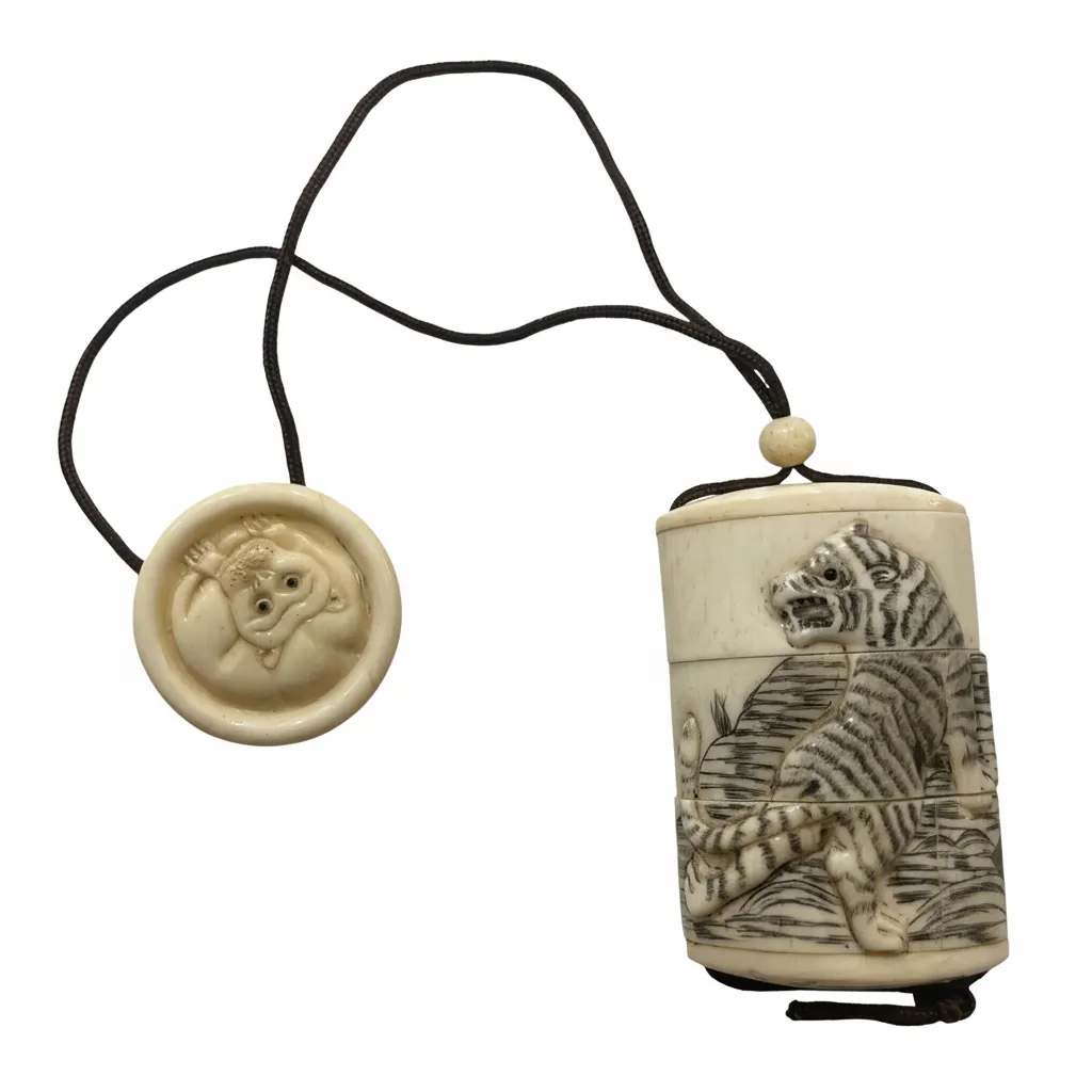 Antique Japanese Carved Bovine Inro & Netsuke Disc - Tiger Design 3 Compartment