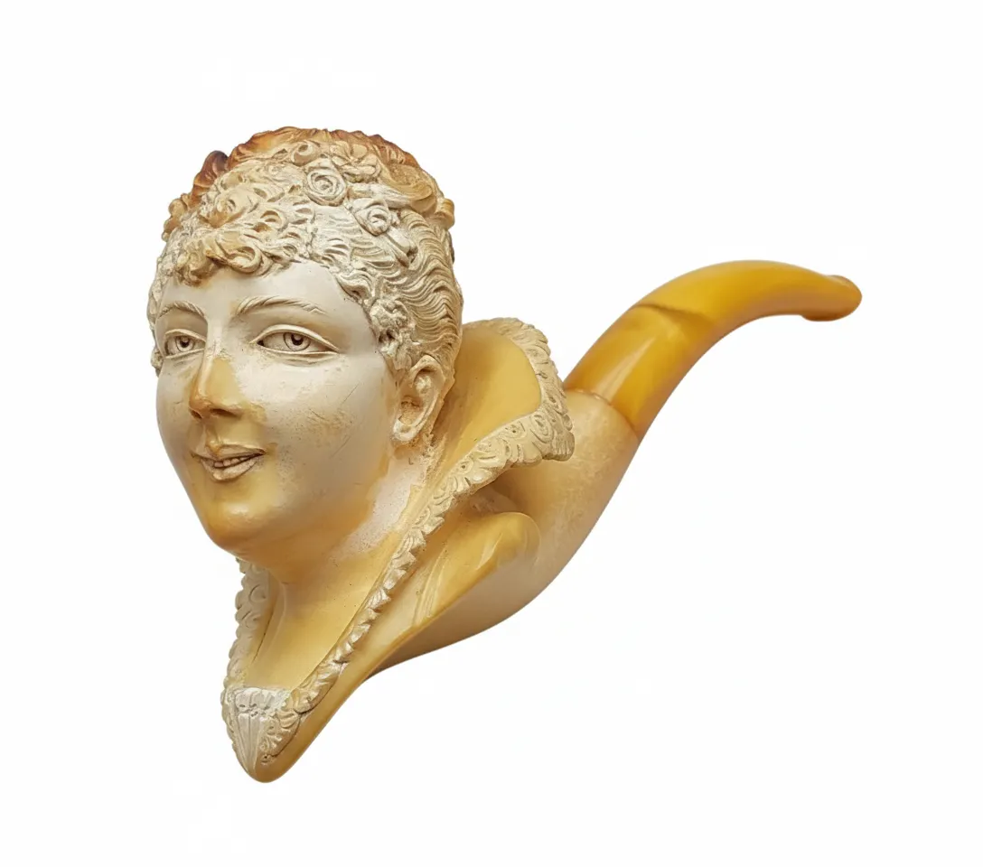 Victorian Carved Figural Meerschaum & Amber Estate Pipe with Leather Case