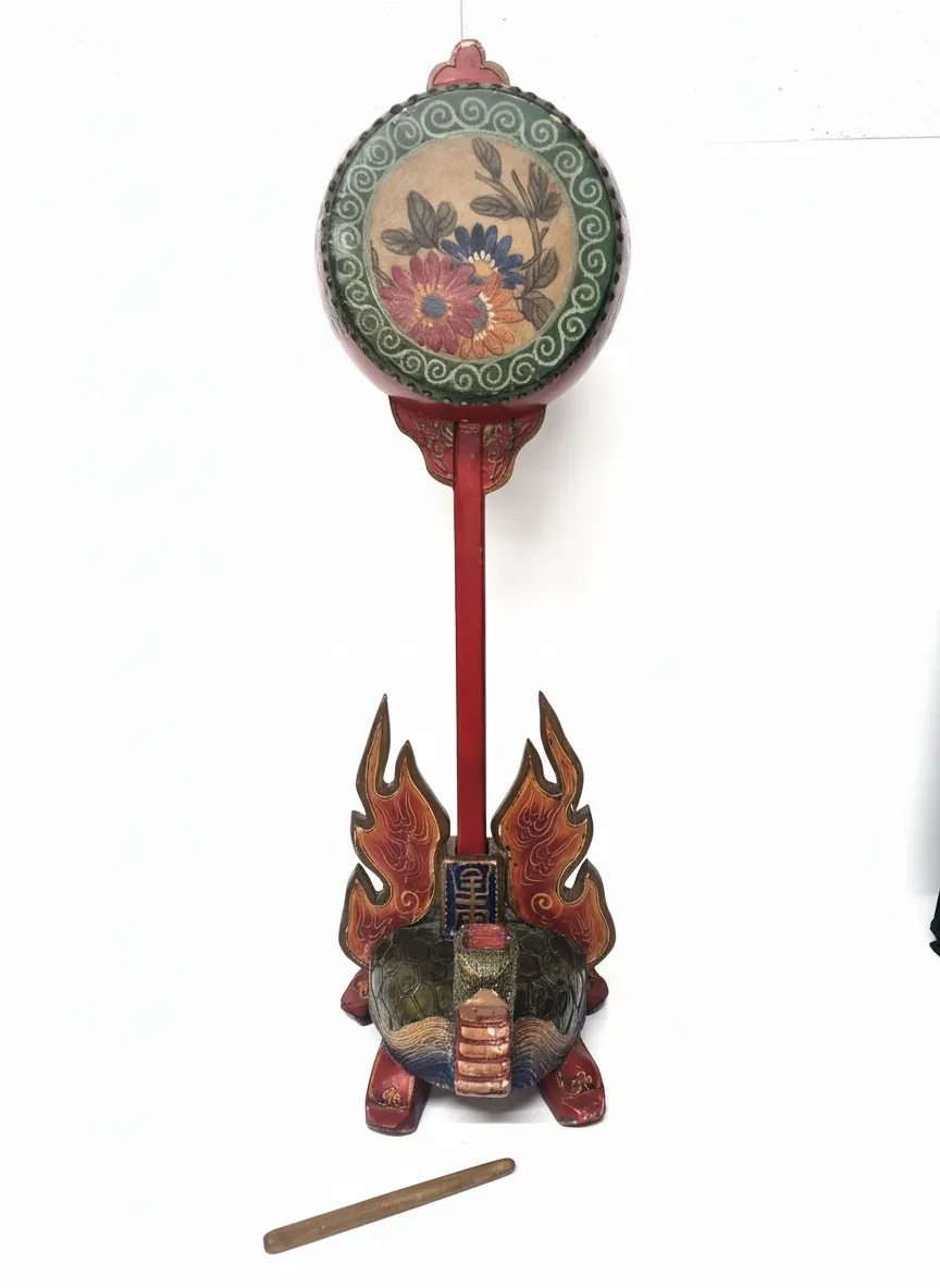 Vintage Tibetan Ceremonial Drum - Hand Painted Turtle Base - Decorative & Tall