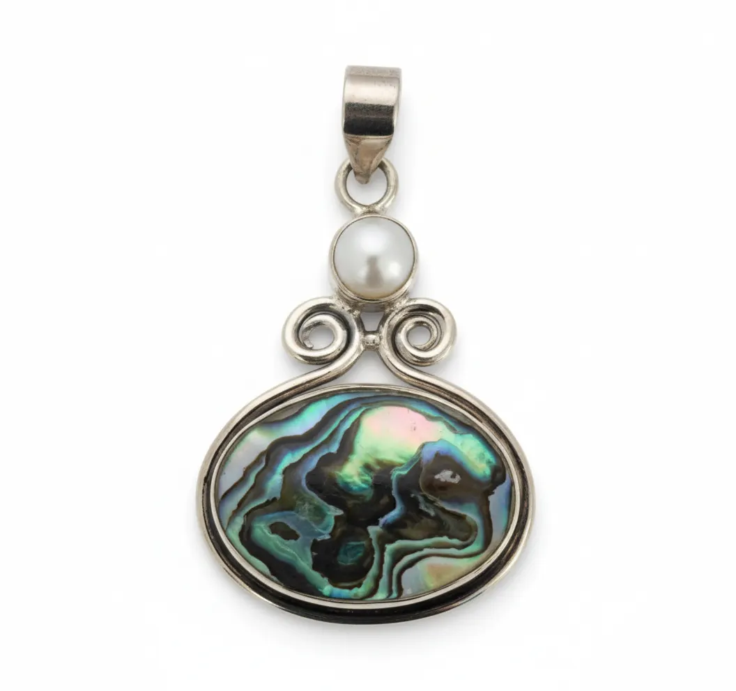 925 Sterling Silver Abalone Paua Shell and Freshwater Pearl Pendant