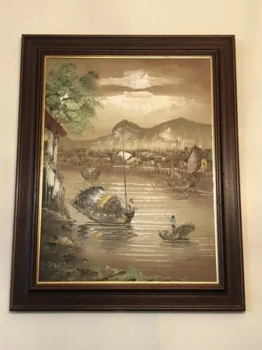 Antique Old Chinese Oil Painting Signed Framed Fishing Village Immaculate Condit