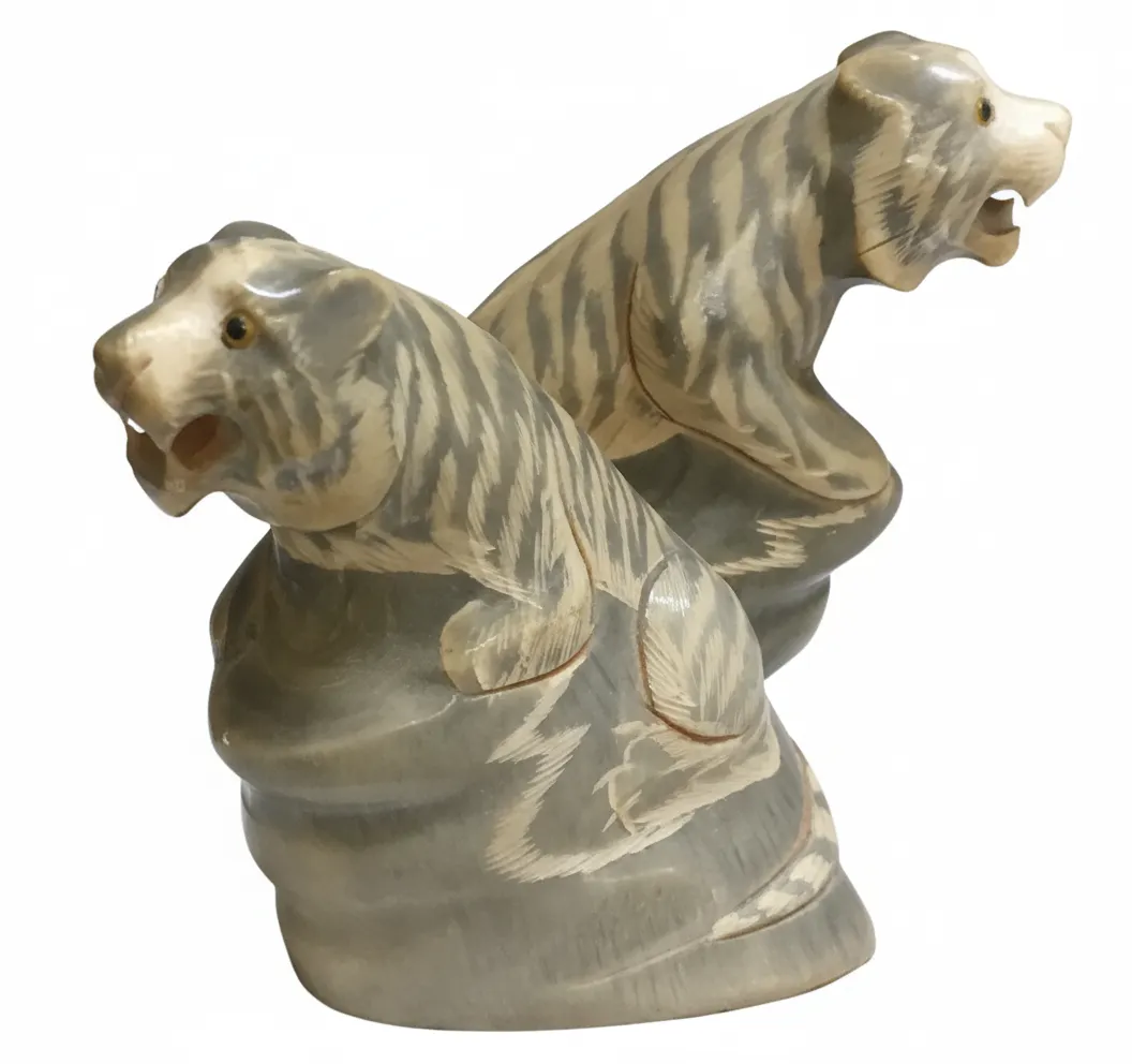 Pair Vintage Carved Polished Buffalo Horn Tiger Figurines VGC