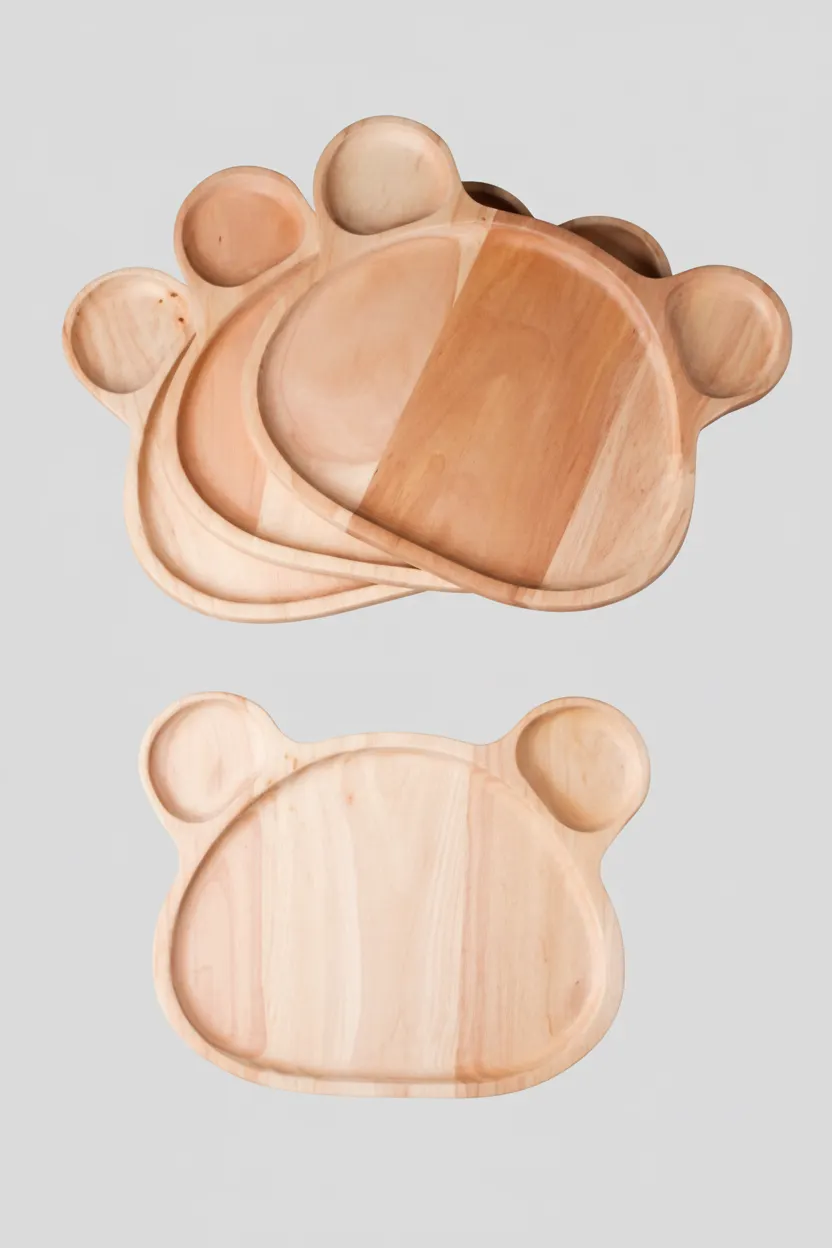 Set of 4 Natural Wooden Bear Shaped Plates Serving Trays Handmade Rubberwood