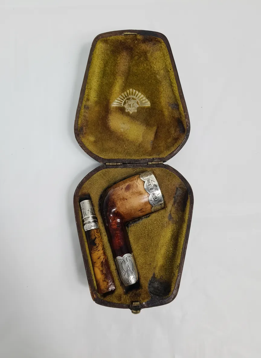 Antique Boxed Smoking Pipe & Stem - Hallmarked Silver Glasgow 1840