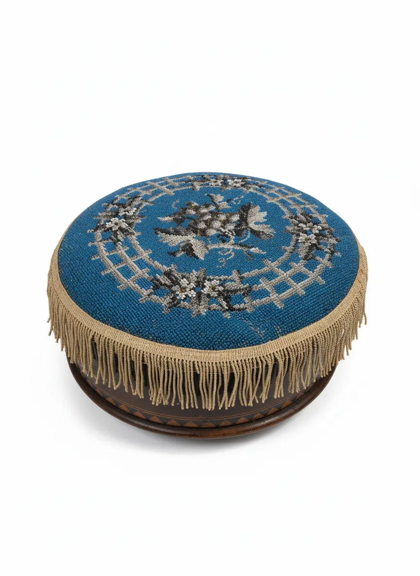 Antique Blue Beaded Round Wooden Storage Footstool Vintage Project