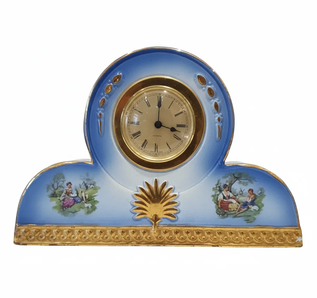 Vintage Staffordshire Earthenware Mantle Clock Blue Gold Quartz Movement