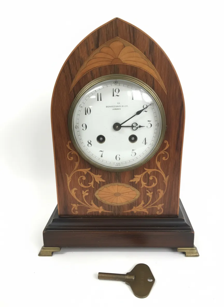 Late 19thc Antique Mahogany Inlay Lancet Top Mantel Clock BENETFINK & CO No Pendulum