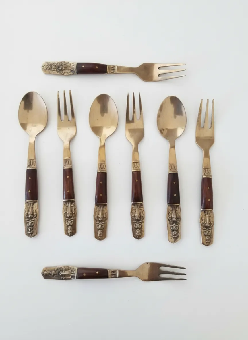 32 Piece Vintage Thailand Bronze Rosewood Teak Cutlery Set