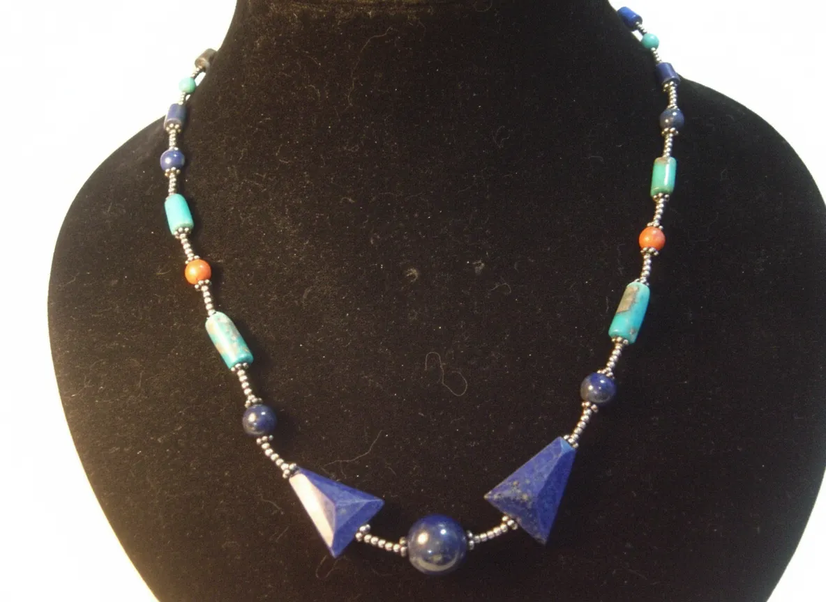 SUPERB VINTAGE SOLID SILVER LAPIS LAZULI-CORAL & TURQUOISE NAVAJO NECKLACE-18"