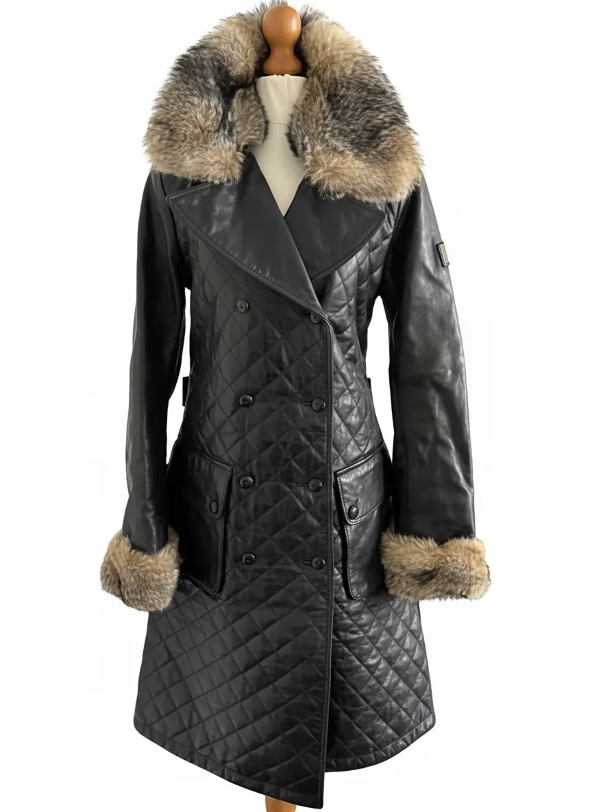 Ladies BELSTAFF Black Quilted Leather Double-Breasted Trench Coat Fur Trim NEW