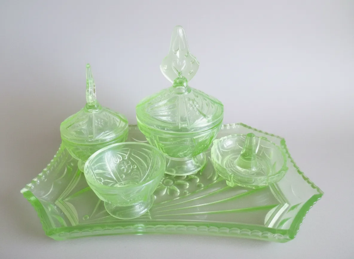 Art Deco Rare Sowerby 2590 Uranium Vaseline Glass Dressing Table Set 5 Pieces