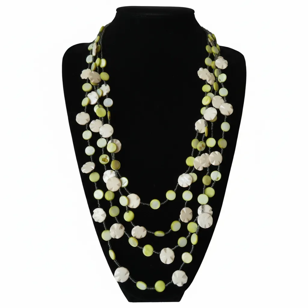Multi Strand 4 Row Statement Necklace Green Mother of Pearl Shell Bead Used
