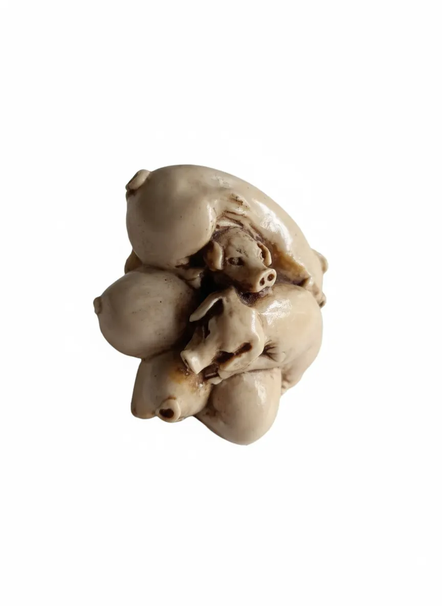 Vintage Hand Crafted Piglettes Figurine 5cm Bovine Bone Netsuke Style Pig