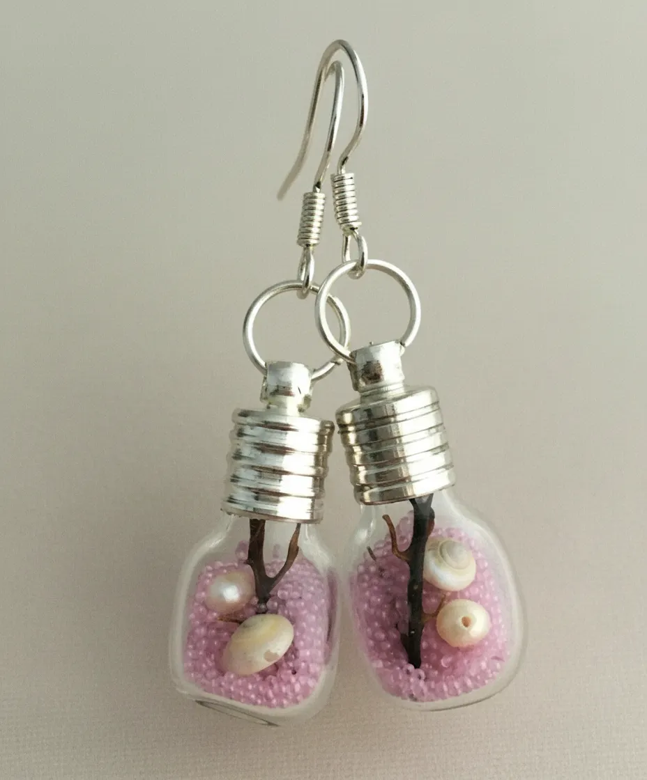 Pair of Handmade Glass Bottle Earrings Seashell Pearl Sea fan Pink Caviar