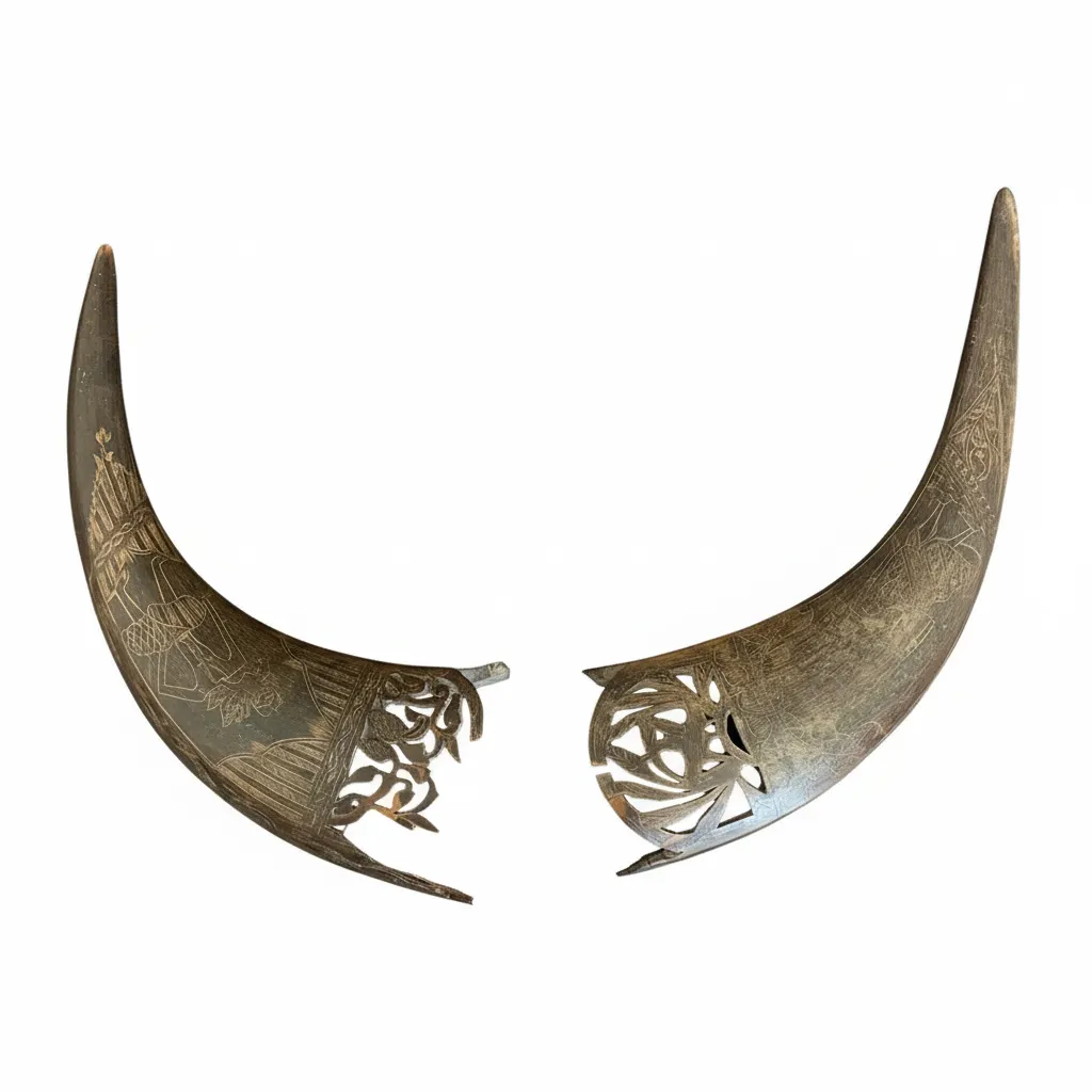 Antique Pair of Ornate Hand Carved Buffalo Horns with Wayang Etched Figures 15"