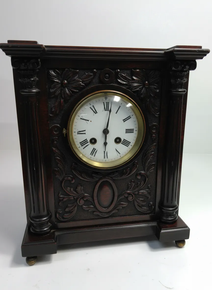 Antique Clock Wooden French Mahogany Victorian Mantel Clock Signed Samuel Marti