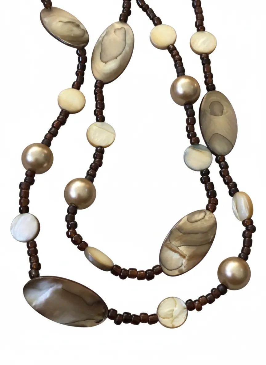 Vintage Mother of Pearl Natural Stone Beaded Long Matinee Necklace Brown Tones