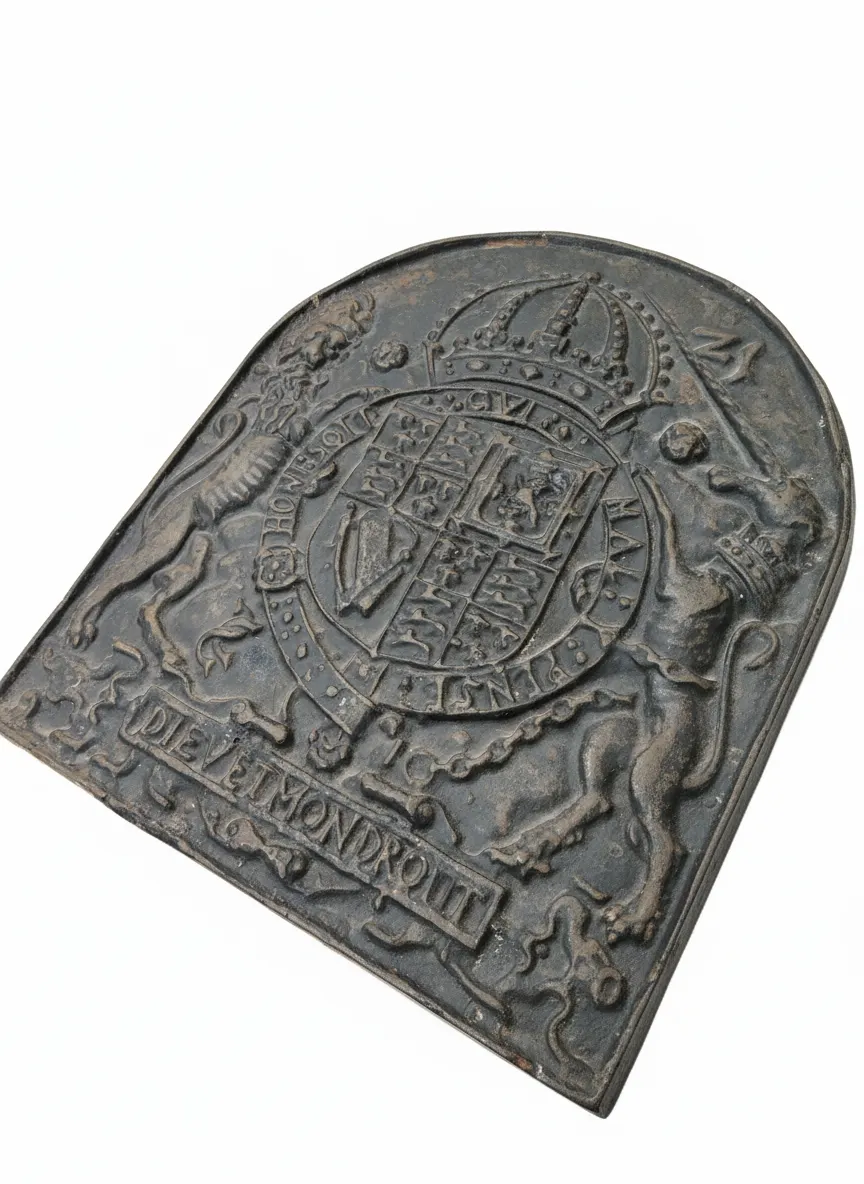 Large Antique George VI Period Cast Iron Fireback - Lion & Unicorn Coat of Arms