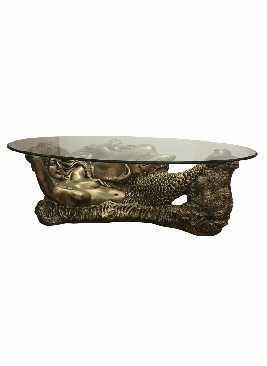 Large Resin Antique Gold Mermaid Dolphin Coffee Table Sculpture H42 L130 W70cm