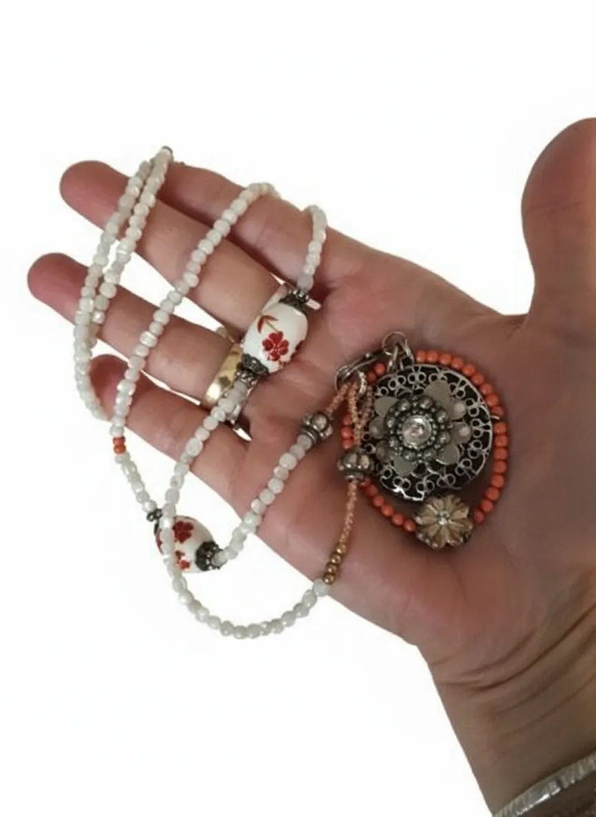 FIVA Mother Of Pearl Hand Painted Ceramic Bead & Rhinestone Necklace