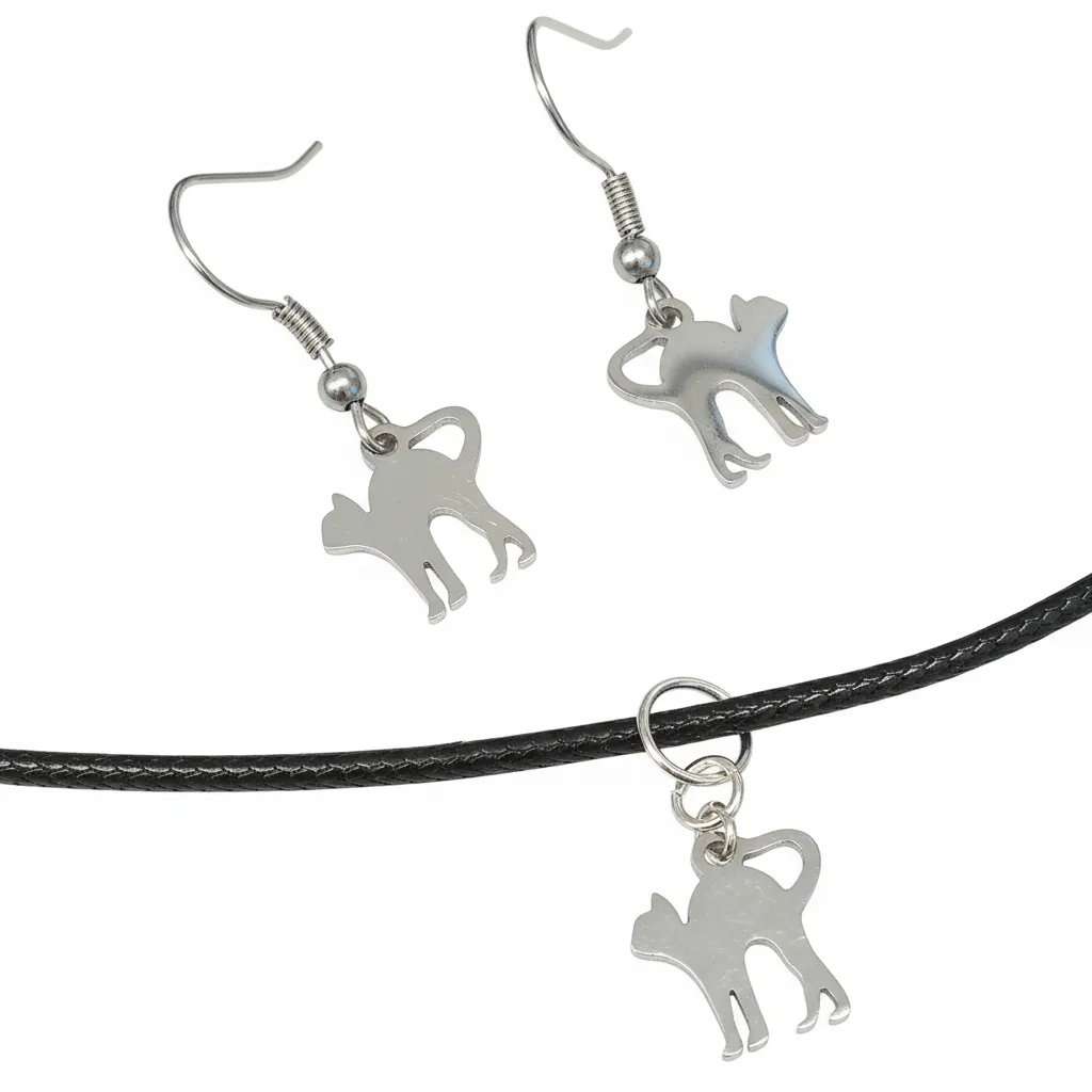 Hypoallergenic Stainless Steel Tiny Cat Jewellery Set - Earrings, Pendant, Necklace