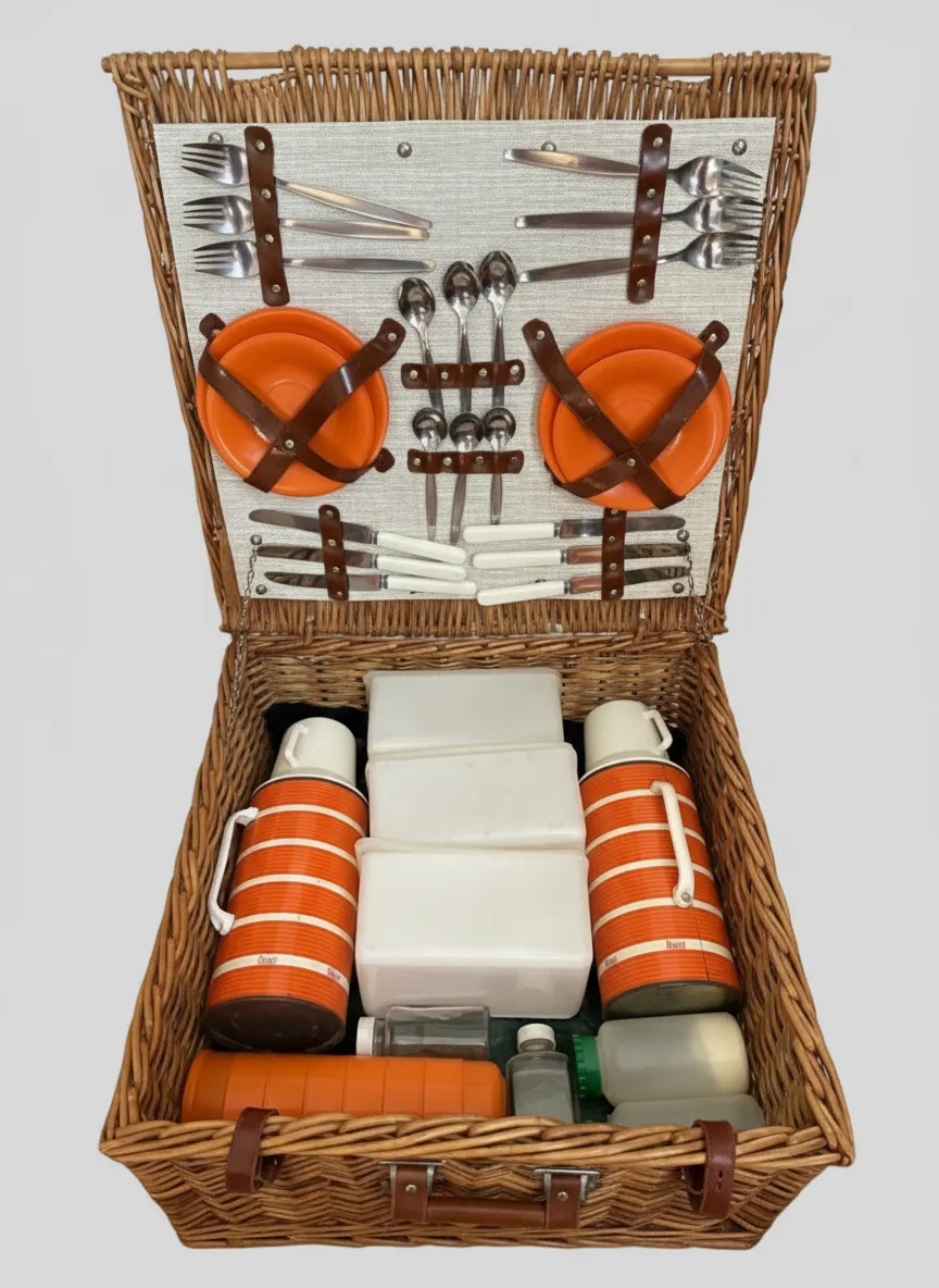 Vintage Optima Picnic Basket Complete with Thermos Cutlery Plates Used