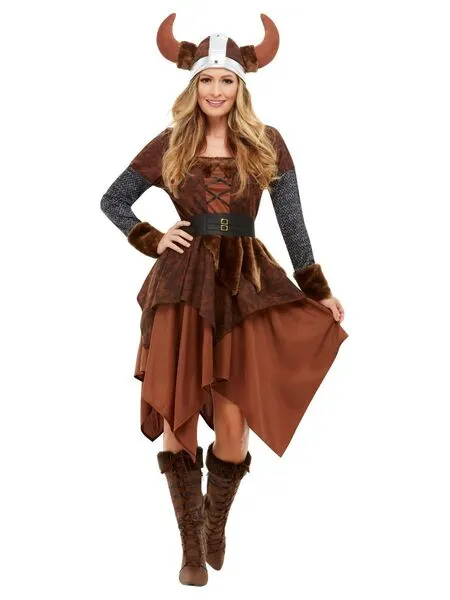 Smiffys 50742L Viking Barbarian Queen Costume, Women, Brown, L - UK Size 16-18