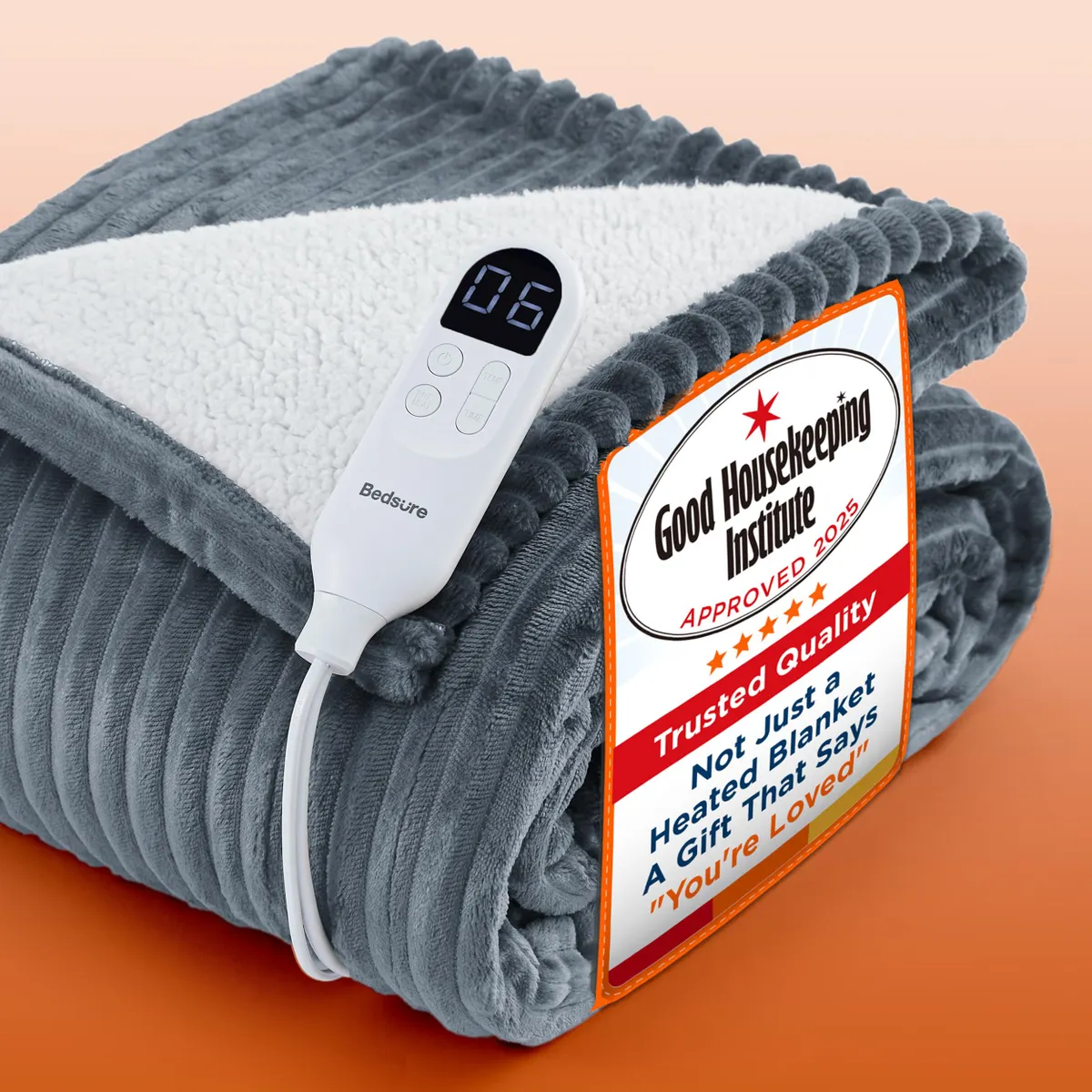 Bedsure Heated Ribbed Flannel Blanket, 6 Heat, 10 Timer, 130x160cm, Grey