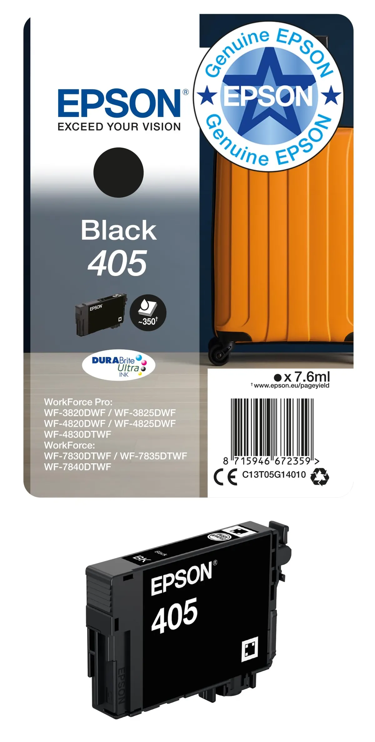 NEW Genuine Epson 405 Black DURABrite Ultra Ink Cartridge Standard Capacity