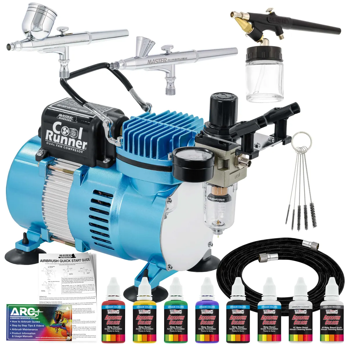 Master Airbrush SP7-20 Cool Runner II Compressor 3-Airbrush Kit & 6 Colors