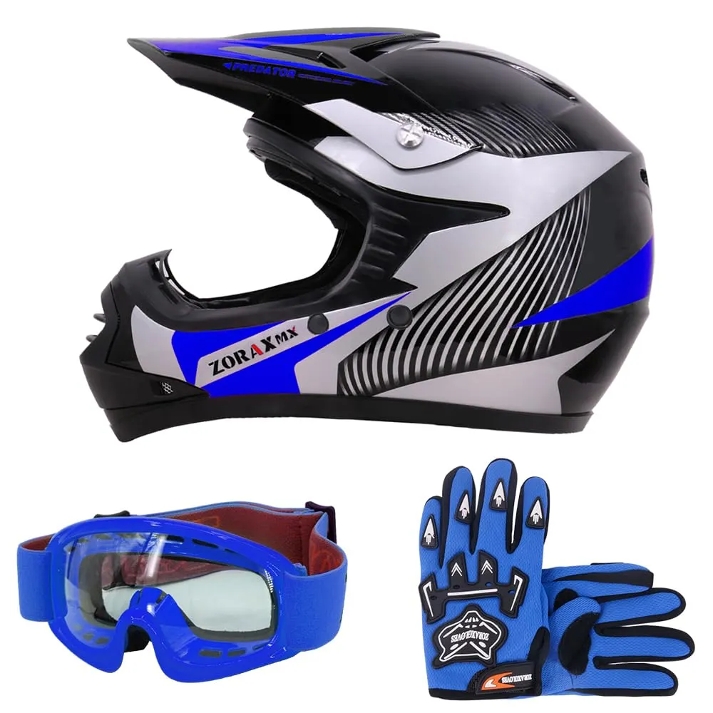 Zorax ZOR-X19 Youth Motocross Helmet, Goggles & Gloves Set of 3