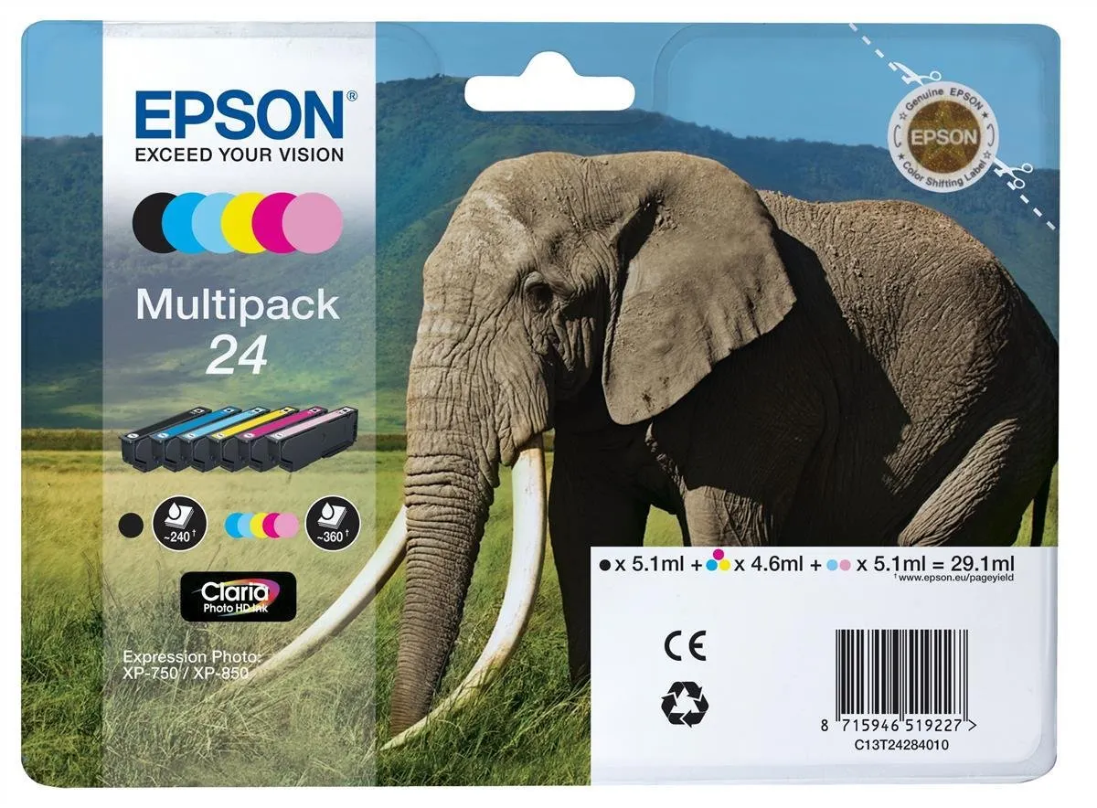 6x Epson 24 Elephant Genuine Multipack, 6-colours Claria Photo HD Ink Cartridges