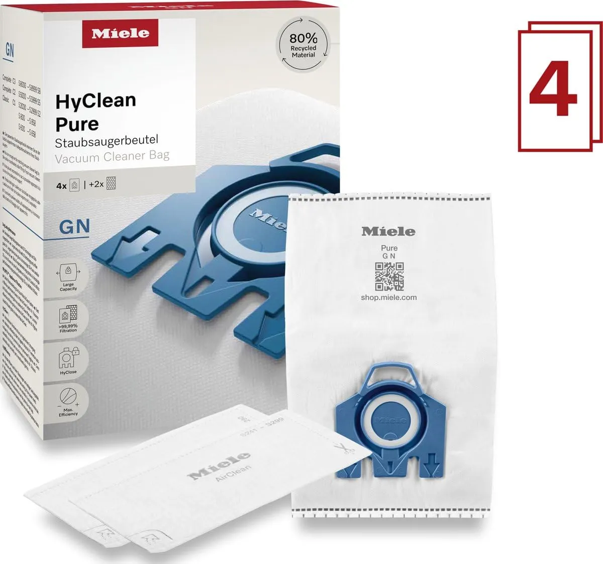 Miele 9917730 GN HyClean Pure Vacuum Cleaner Bags 4 Pack + 2 Filters NEW