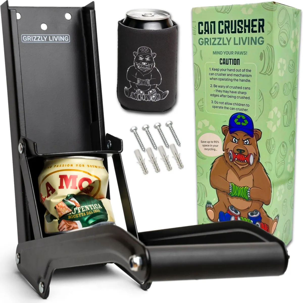 Grzzly Living Heavy Duty Wall Mounted Can Crusher 500ml 16oz Beer Soft Drinks