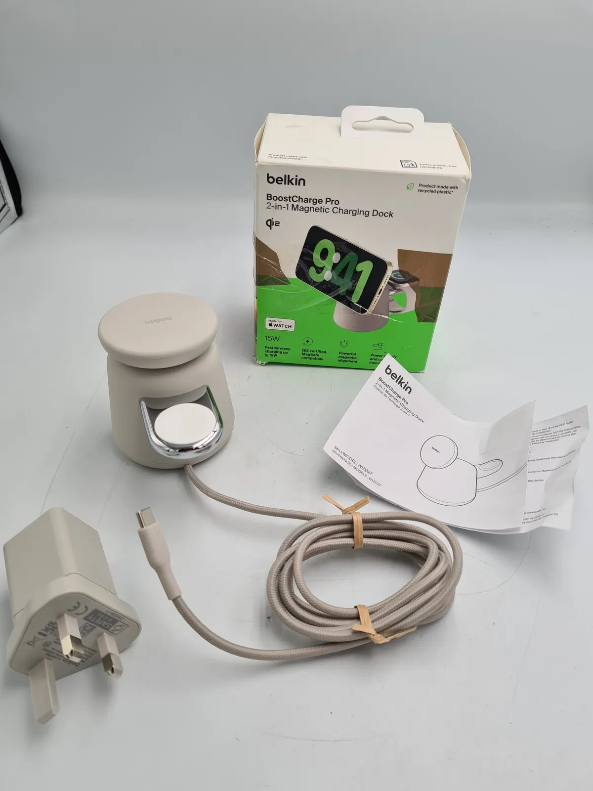 Belkin BoostCharge Pro 2-in-1 Wireless Charger Dock Qi2 15W Sand WZ027
