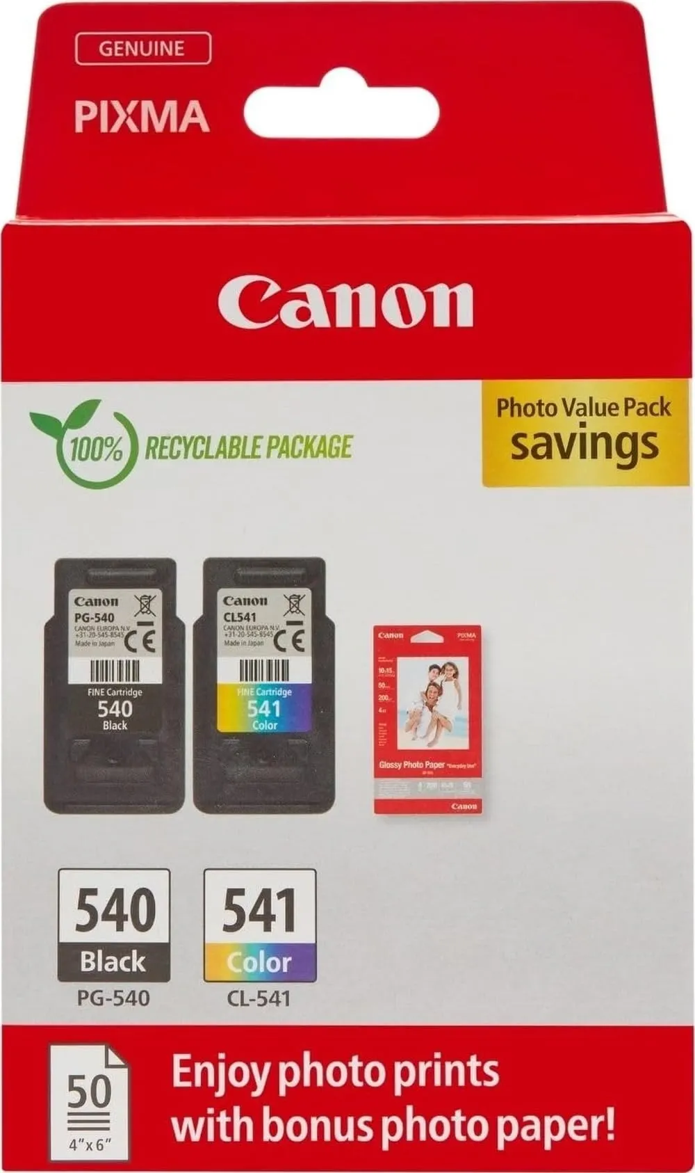 Canon PG-540 + CL-541 FINE Genuine Ink Cartridges + 50 Photo Paper