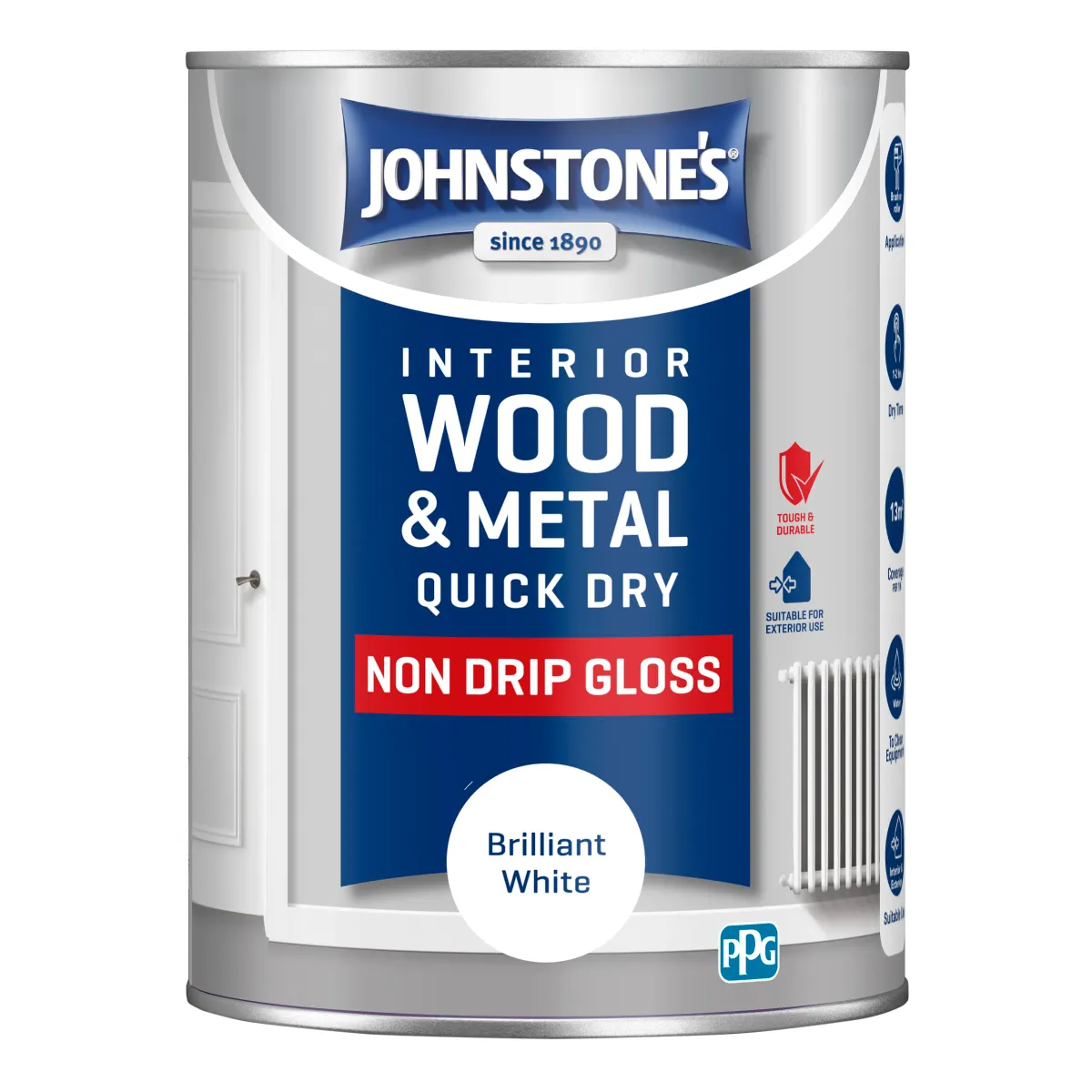 Johnstone's Interior Wood & Metal Quick Dry Gloss Paint Brilliant White 1.25L