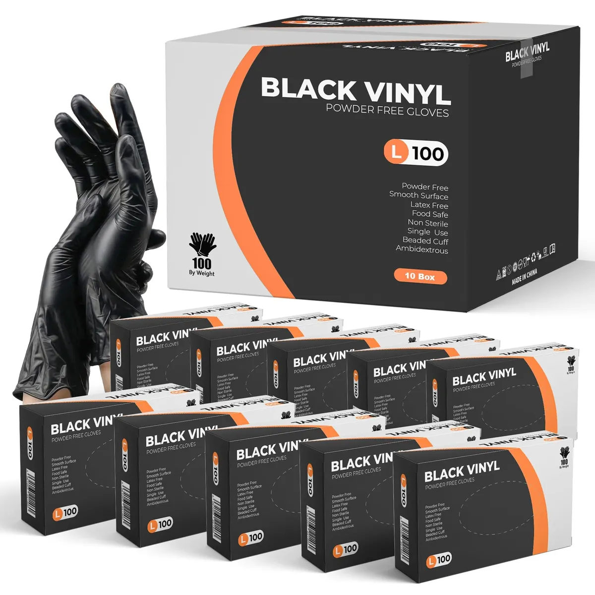 PRAIMA Black Vinyl Gloves, 1000 Count, Powder Free & Latex Free 10x100