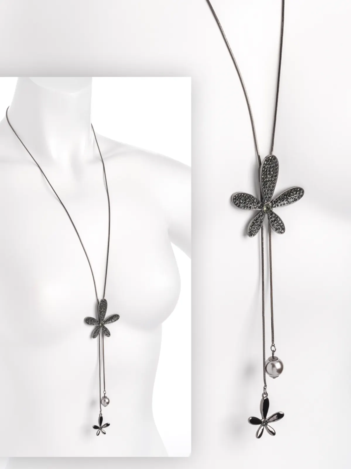 New w/ Tags Hematite Black Diamond Grey Faux Pearl Flower Chain Necklace