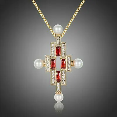 KHAISTA New with Tags Red Cubic Zirconia Cross Pearl Necklace 60th Birthday Gift