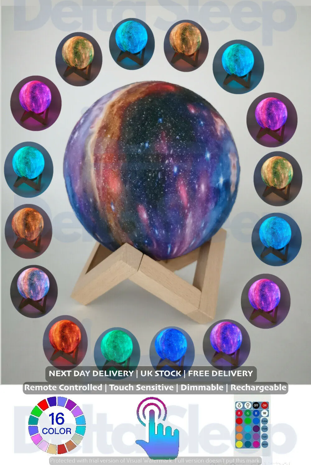 Purple Galaxy Moon Lamp 16 Colour Rechargeable Night Light Dimmable LED Remote