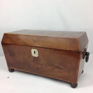 Fine Antique George III Mahogany Tea Caddy Sarcophagus Form Boxwood Inlay 31cm